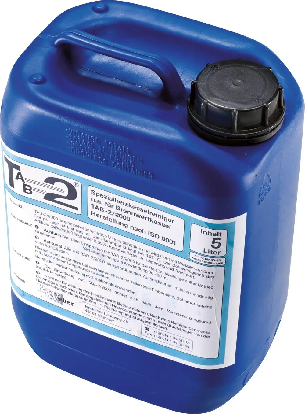 Blauer Kanister mit schwarzem Verschluss, beschriftet mit Anweisungen und Warnhinweisen, enthält ein Reinigungsmittel, möglicherweise von Bosch, für Heizkessel. Inhalt: 5 Liter.